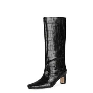 Black Fashion Croc Print Square Toe Low Kitten Heel Stovepipe Boots
